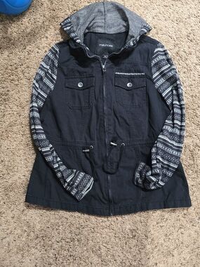 Maurices Black Hooded Jacket with Patterned Sleeves